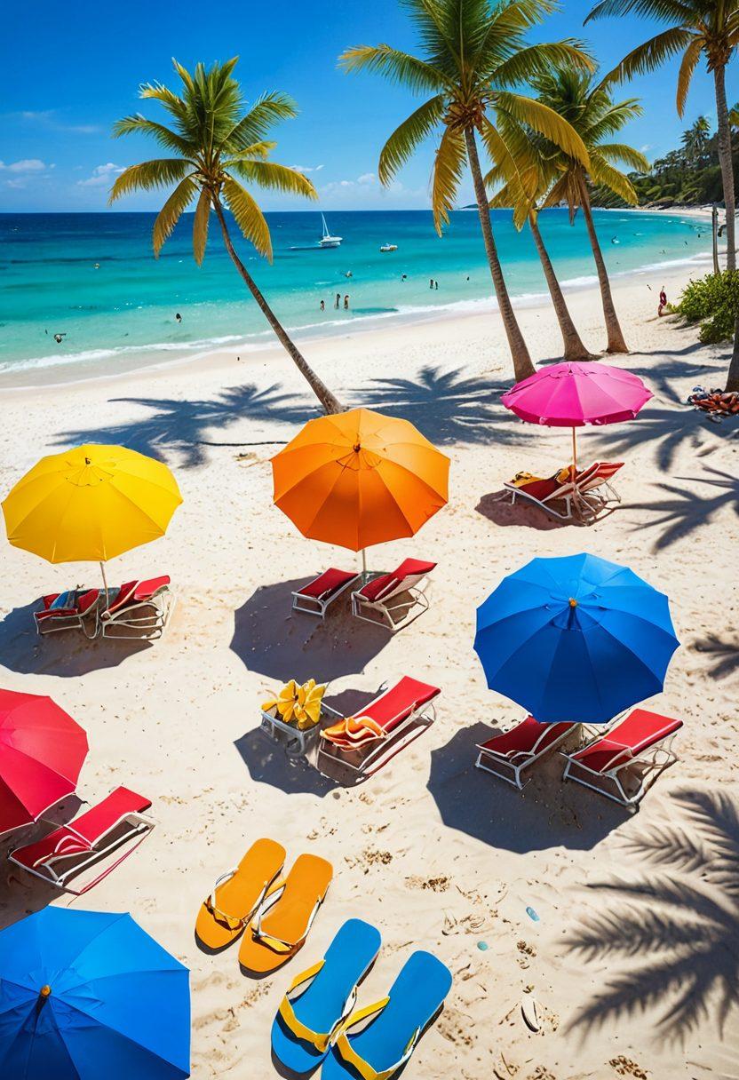 A vibrant beach scene showcasing various stylish bikini trends on diverse models sunbathing and playing beach volleyball. The bright sun glistens on the water, and colorful beach umbrellas dot the sandy shore. Incorporate tropical elements like palm trees and seashells, giving a lively summer vibe. super-realistic. vibrant colors. white background.